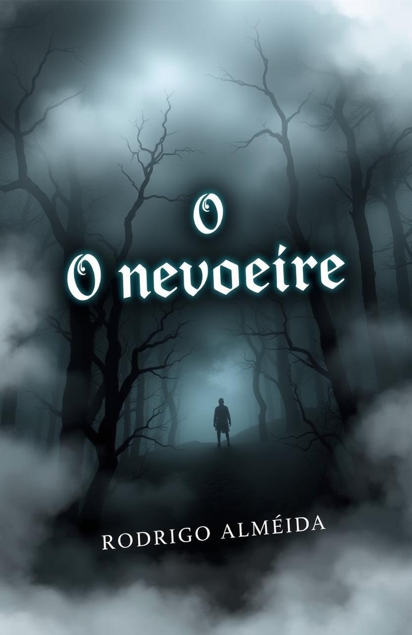 A chilling book cover for a supernatural horror novel titled "O nevoeiro" by author "Rodrigo Almeida"