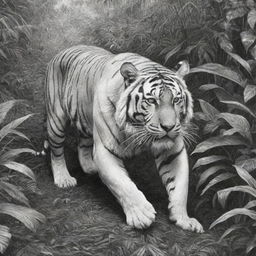 A black and white line art drawing of a majestic tiger prowling in a lush jungle.