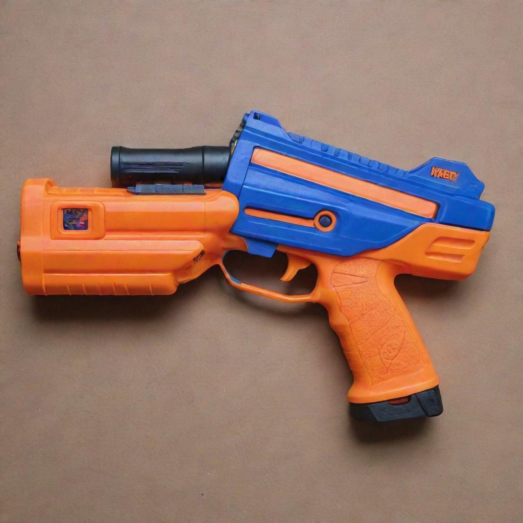 A detailed, high-quality image of a vibrant, action-packed Nerf gun, freshly loaded and ready for an exciting Nerf battle.