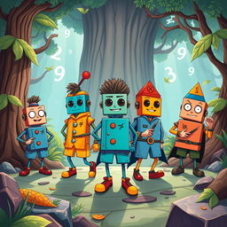 In the imaginative land of Bilangan, where whimsical numbers dance and lively formulas sing, five distinct characters take center stage: Algoritma, Aritmetika, Statistik, Geometri, and Kriptografi