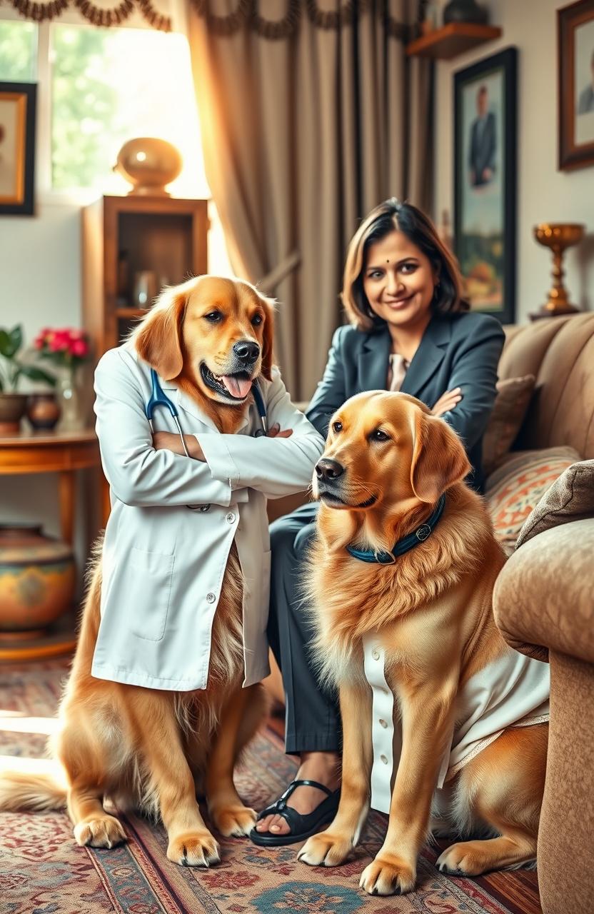 An Indian household scene depicting an unlikely romance between a golden retriever paediatrician and a grumpy, cold female CEO