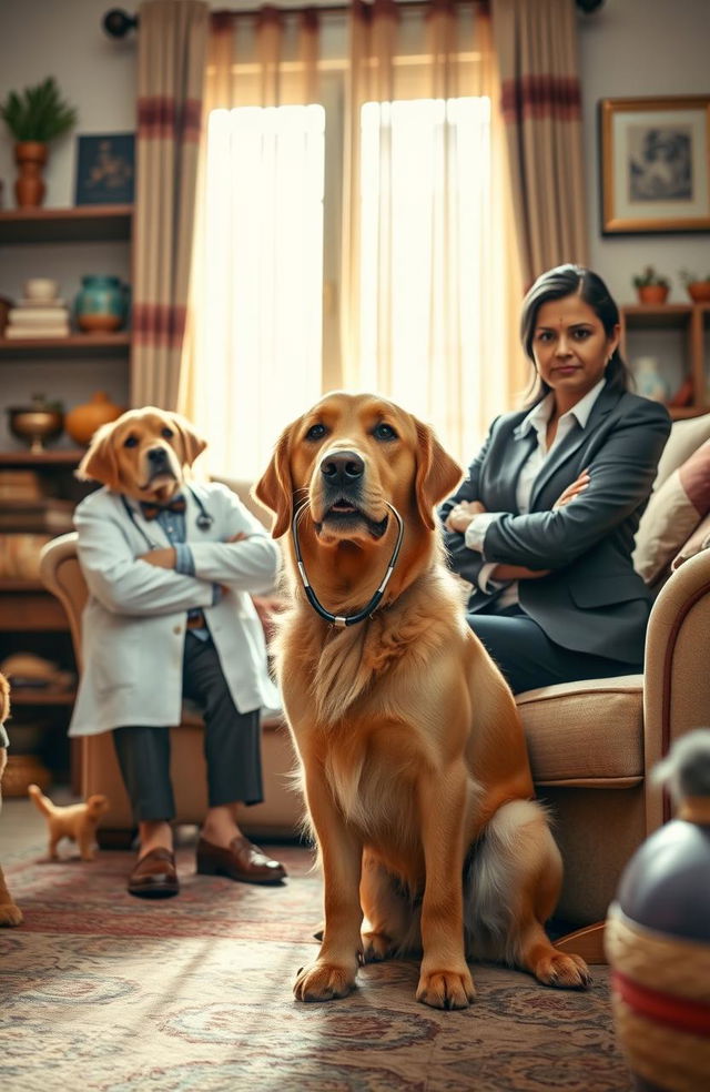 An Indian household scene depicting an unlikely romance between a golden retriever paediatrician and a grumpy, cold female CEO