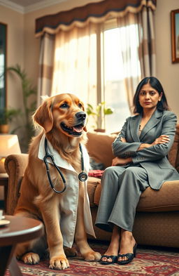 An Indian household scene depicting an unlikely romance between a golden retriever paediatrician and a grumpy, cold female CEO