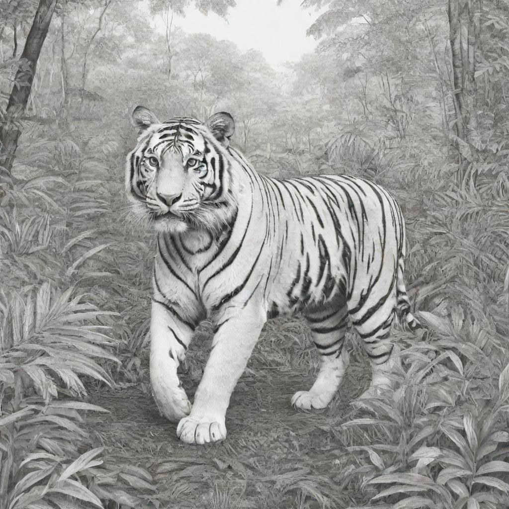 A black and white, two-dimensional line art illustration of a tiger in its natural jungle habitat, suitable for a colouring page.