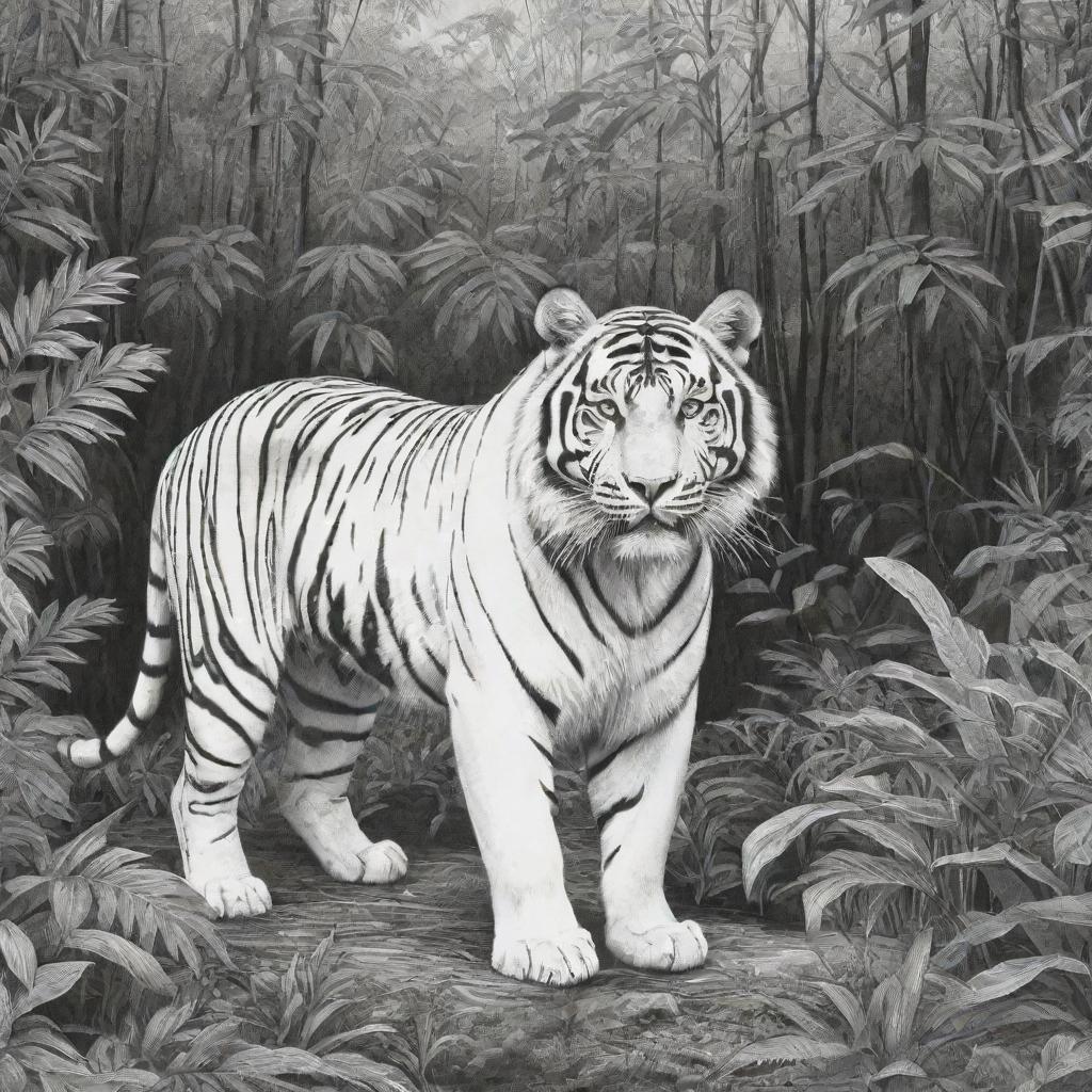 A black and white, two-dimensional line art illustration of a tiger in its natural jungle habitat, suitable for a colouring page.