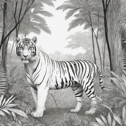 A black and white, two-dimensional line art illustration of a tiger in its natural jungle habitat, suitable for a colouring page.