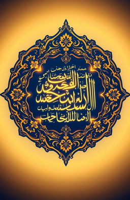 A beautifully illuminated calligraphy artwork featuring a verse from the Quran, surrounded by intricate geometric patterns and floral motifs, with a deep blue and gold color palette, evoking a sense of peace and spirituality