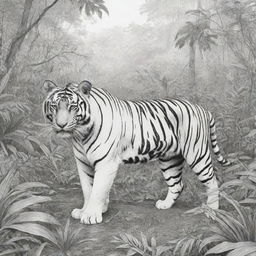 A black and white, two-dimensional line art illustration of a tiger in its natural jungle habitat, suitable for a colouring page.