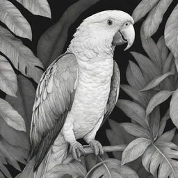 A black and white, two-dimensional line art illustration of a vibrant parrot in a lush jungle, suitable for a colouring page.