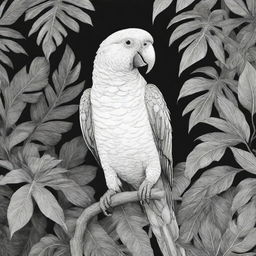 A black and white, two-dimensional line art illustration of a vibrant parrot in a lush jungle, suitable for a colouring page.