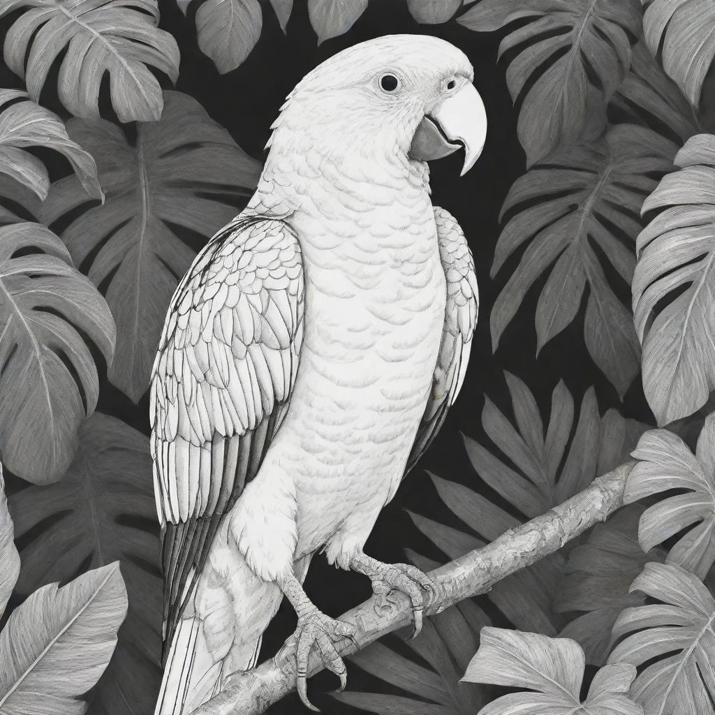 A black and white, two-dimensional line art illustration of a vibrant parrot in a lush jungle, suitable for a colouring page.