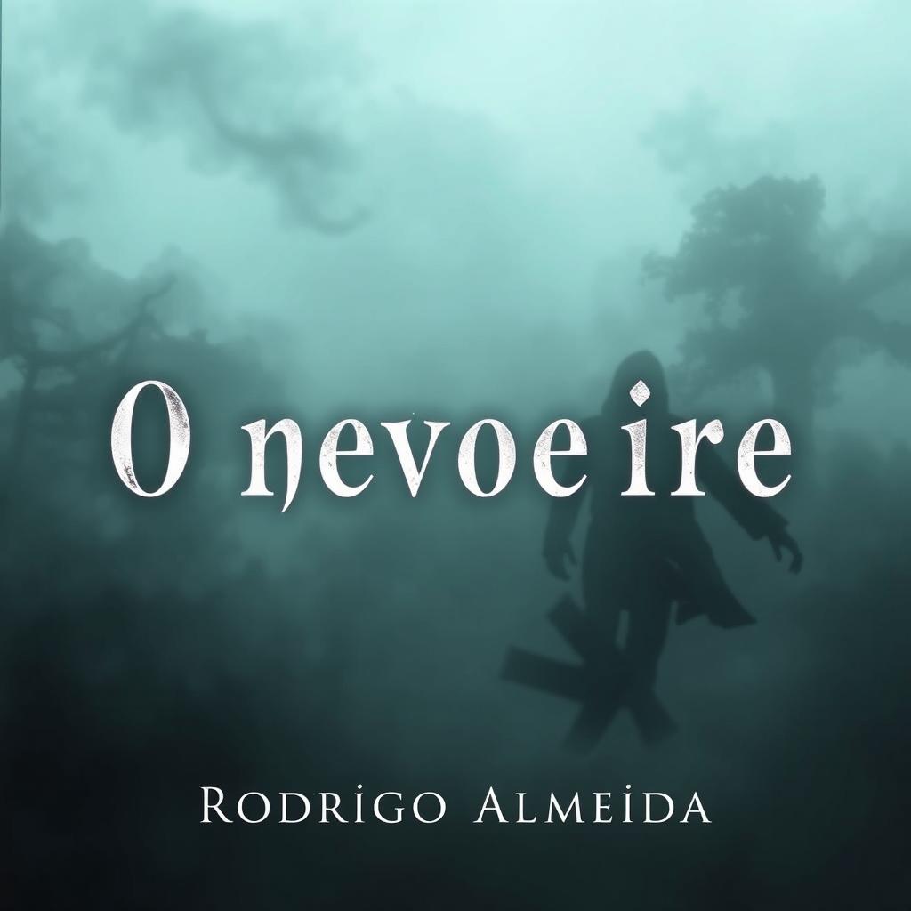 A chilling book cover for a supernatural horror novel titled "O nevoeiro" by the author "Rodrigo Almeida"