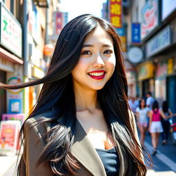 A beautiful Korean woman with long, flowing black hair, dressed in a stylish and fashionable outfit, confidently showcasing her unique sense of style