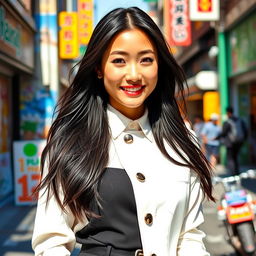 A beautiful Korean woman with long, flowing black hair, dressed in a stylish and fashionable outfit, confidently showcasing her unique sense of style