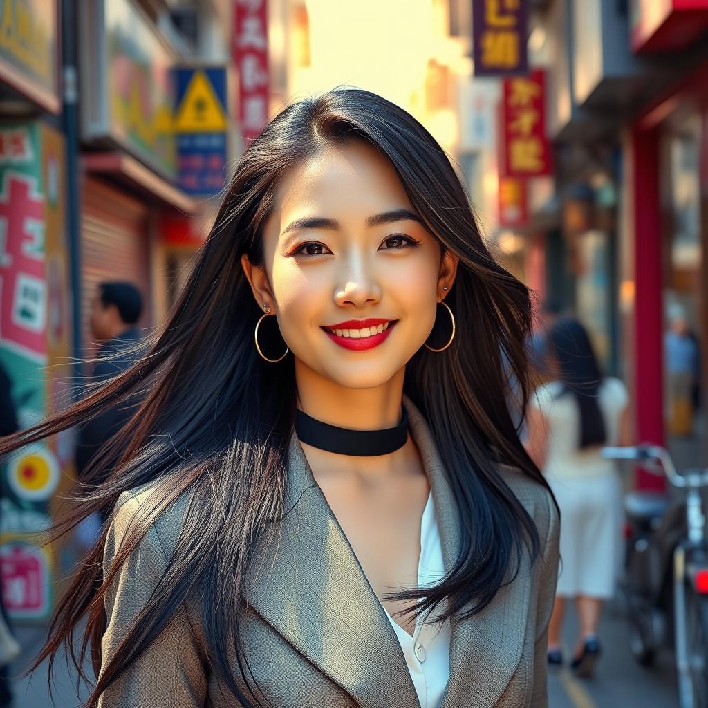 A beautiful Korean woman with long, flowing black hair, dressed in a stylish and fashionable outfit, confidently showcasing her unique sense of style