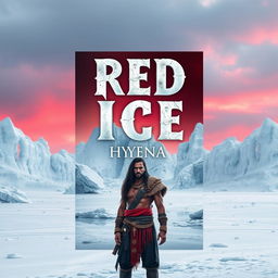 A dramatic book cover for 'Red Ice' by Hyyena, showcasing a frozen land with stunning ice formations and a vast, white landscape
