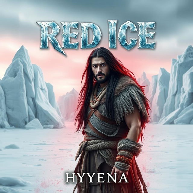 A dramatic book cover for 'Red Ice' by Hyyena, showcasing a frozen land with stunning ice formations and a vast, white landscape