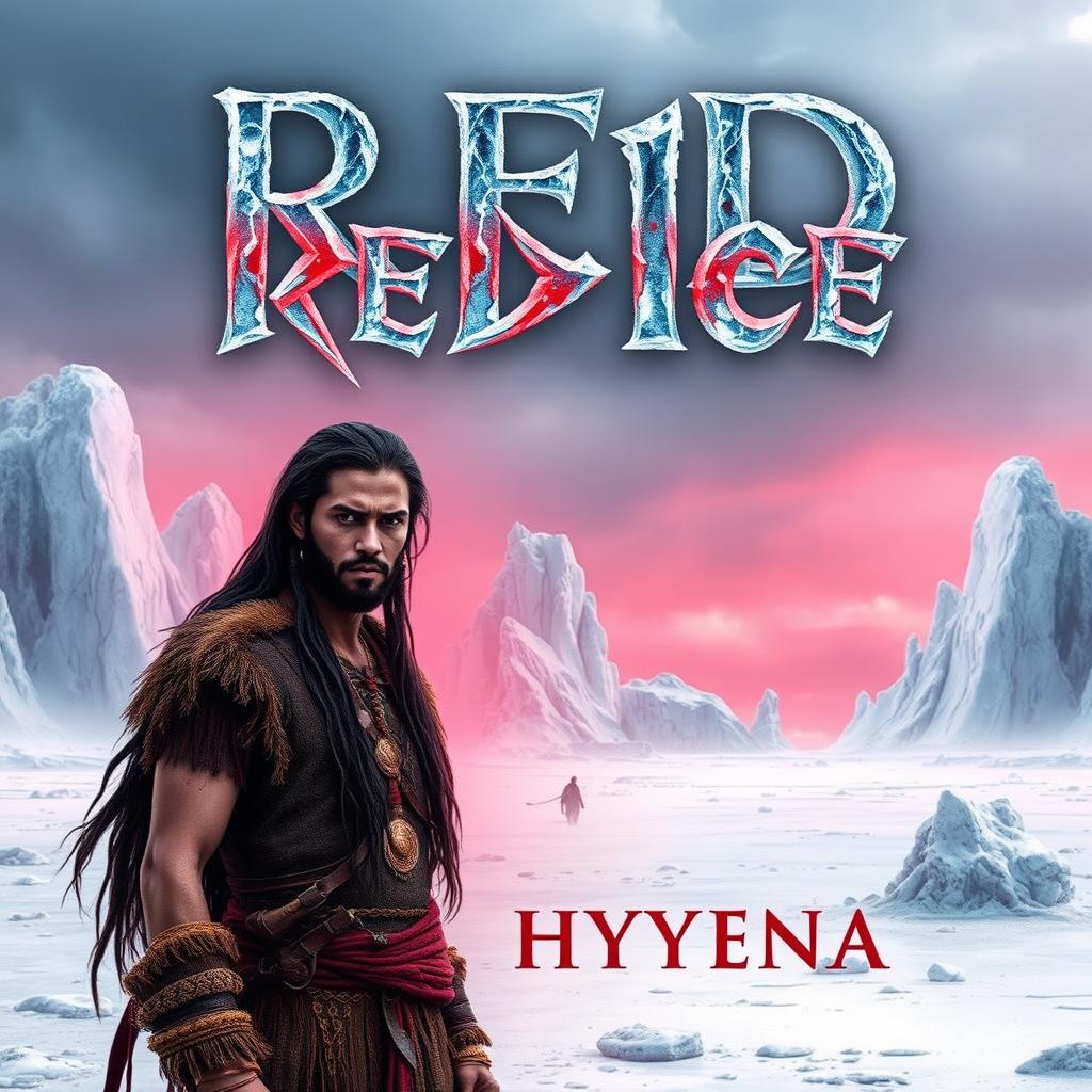 A dramatic book cover for 'Red Ice' by Hyyena, showcasing a frozen land with stunning ice formations and a vast, white landscape