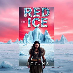 A dramatic book cover for 'Red Ice' by Hyyena, showcasing a frozen land with stunning ice formations and a vast, white landscape