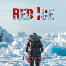 A captivating book cover for 'Red Ice' by Hyyena, depicting a frozen landscape filled with shimmering ice formations under a pale blue sky