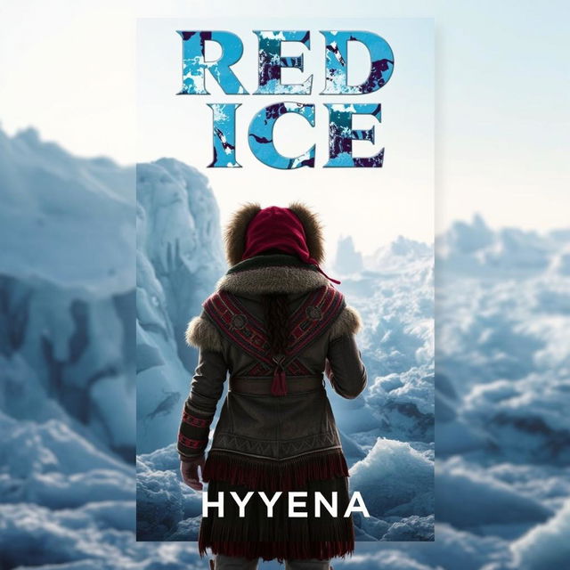 A captivating book cover for 'Red Ice' by Hyyena, depicting a frozen landscape filled with shimmering ice formations under a pale blue sky