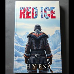 A captivating book cover for 'Red Ice' by Hyyena, depicting a frozen landscape filled with shimmering ice formations under a pale blue sky