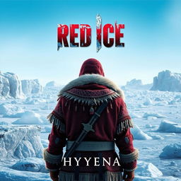 A captivating book cover for 'Red Ice' by Hyyena, depicting a frozen landscape filled with shimmering ice formations under a pale blue sky