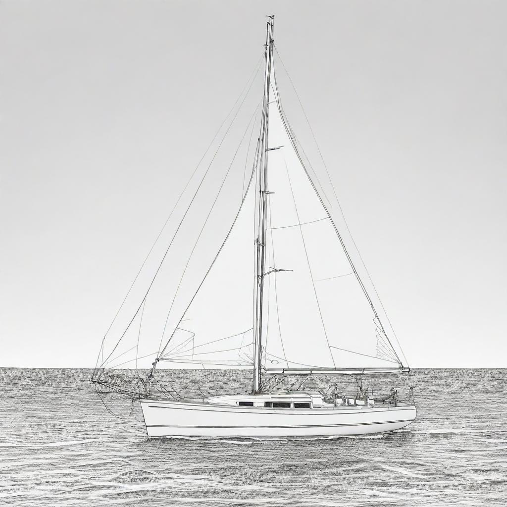 A detailed black and white line art illustration of a sailboat, perfect for use as a colouring page.