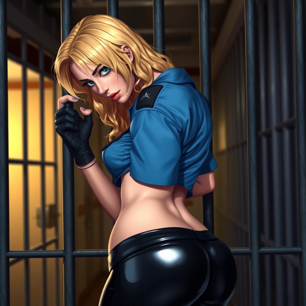 A sexy female character bending over and leaning through cell bars, teasingly exposing her round booty
