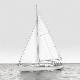 A detailed black and white line art illustration of a sailboat, perfect for use as a colouring page.