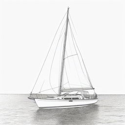 A detailed black and white line art illustration of a sailboat, perfect for use as a colouring page.