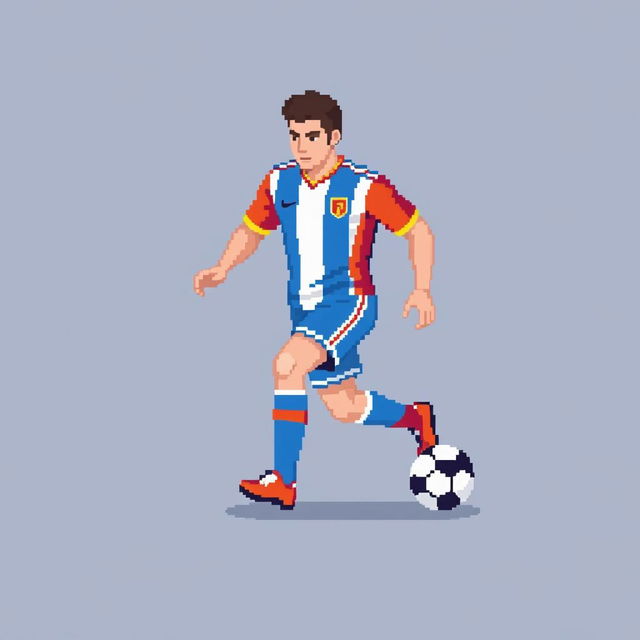 A pixel art football player dribbling a ball, depicted in a colorful uniform in a retro style