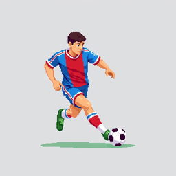 A pixel art football player dribbling a ball, depicted in a colorful uniform in a retro style