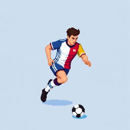 A pixel art football player dribbling a ball, depicted in a colorful uniform in a retro style