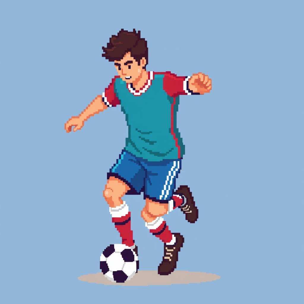 A pixel art football player dribbling a ball, depicted in a colorful uniform in a retro style