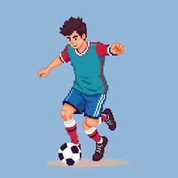 A pixel art football player dribbling a ball, depicted in a colorful uniform in a retro style