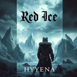 A striking book cover for 'Red Ice' by Hyyena, set in a grimdark fantasy world of frozen landscapes characterized by harsh, jagged ice formations and a hauntingly desolate atmosphere