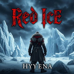A striking book cover for 'Red Ice' by Hyyena, set in a grimdark fantasy world of frozen landscapes characterized by harsh, jagged ice formations and a hauntingly desolate atmosphere