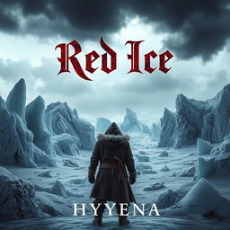 A striking book cover for 'Red Ice' by Hyyena, set in a grimdark fantasy world of frozen landscapes characterized by harsh, jagged ice formations and a hauntingly desolate atmosphere