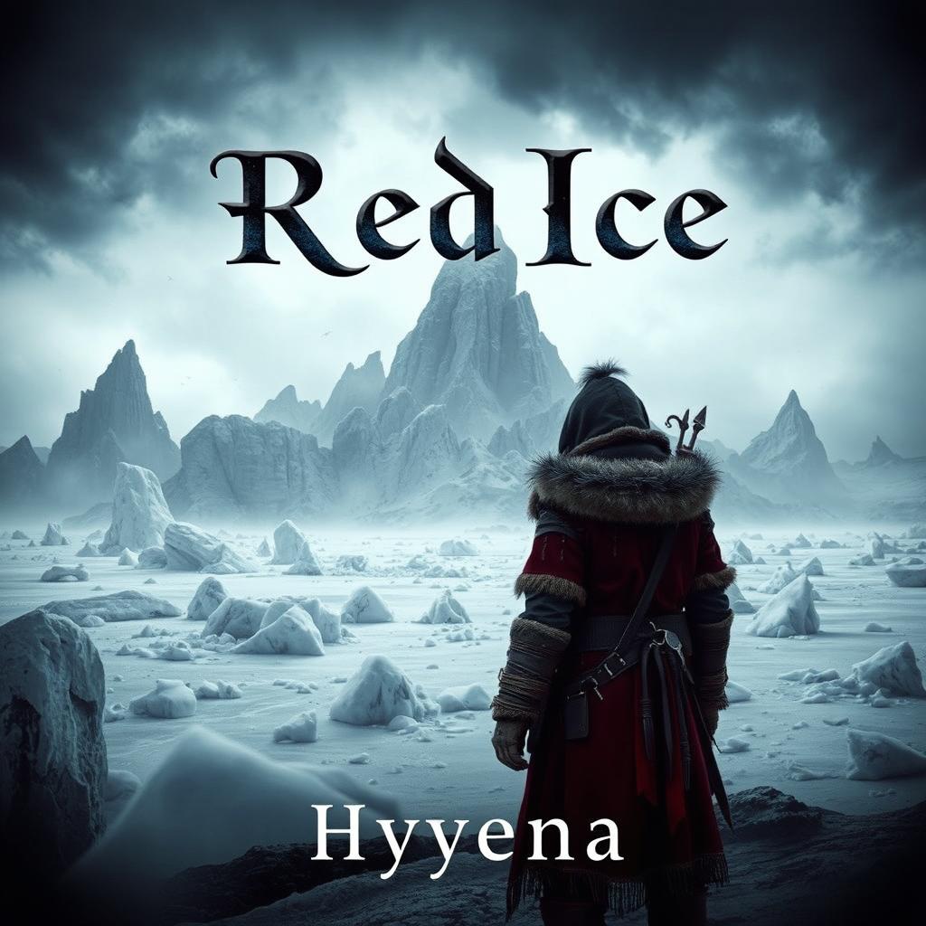 A striking book cover for 'Red Ice' by Hyyena, set in a grimdark fantasy world of frozen landscapes characterized by harsh, jagged ice formations and a hauntingly desolate atmosphere