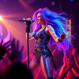 Aria Thunder, a captivating rock goddess, exuding electric energy as she performs on stage