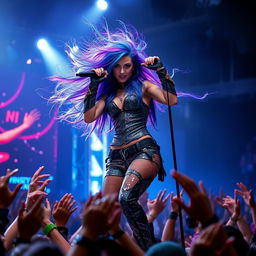 Aria Thunder, a captivating rock goddess, exuding electric energy as she performs on stage