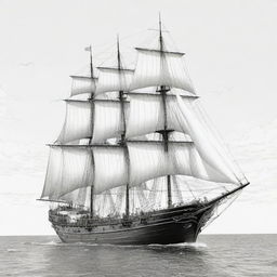 A detailed, black and white line art illustration of a grand sailing ship, perfect for a coloring page.