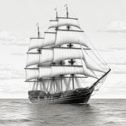 A detailed, black and white line art illustration of a grand sailing ship, perfect for a coloring page.