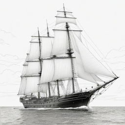 A detailed, black and white line art illustration of a grand sailing ship, perfect for a coloring page.