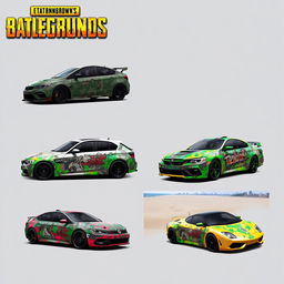 A series of creative and vibrant car skins designed for PUBG, showcasing different themes such as war-torn camouflage, sleek futuristic designs, vibrant urban graffiti, and jungle patterns