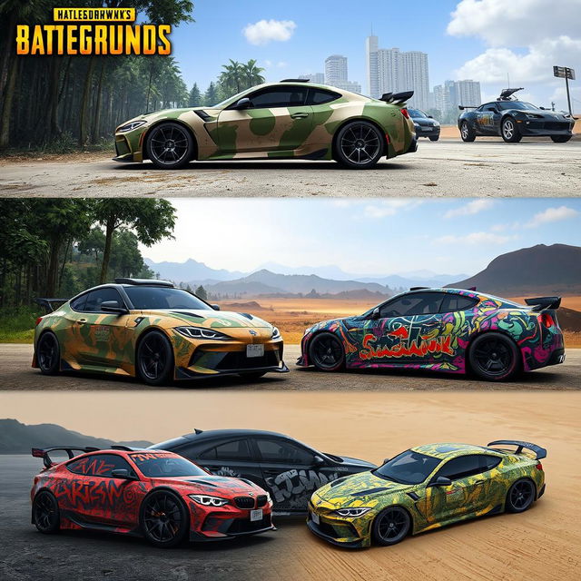 A series of creative and vibrant car skins designed for PUBG, showcasing different themes such as war-torn camouflage, sleek futuristic designs, vibrant urban graffiti, and jungle patterns