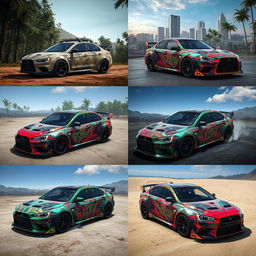 A series of creative and vibrant car skins designed for PUBG, showcasing different themes such as war-torn camouflage, sleek futuristic designs, vibrant urban graffiti, and jungle patterns