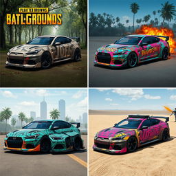 A series of creative and vibrant car skins designed for PUBG, showcasing different themes such as war-torn camouflage, sleek futuristic designs, vibrant urban graffiti, and jungle patterns