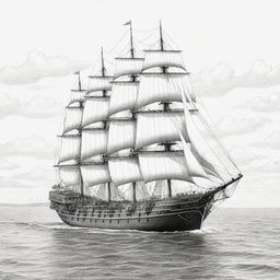 A detailed, black and white line art illustration of a grand sailing ship, perfect for a coloring page.